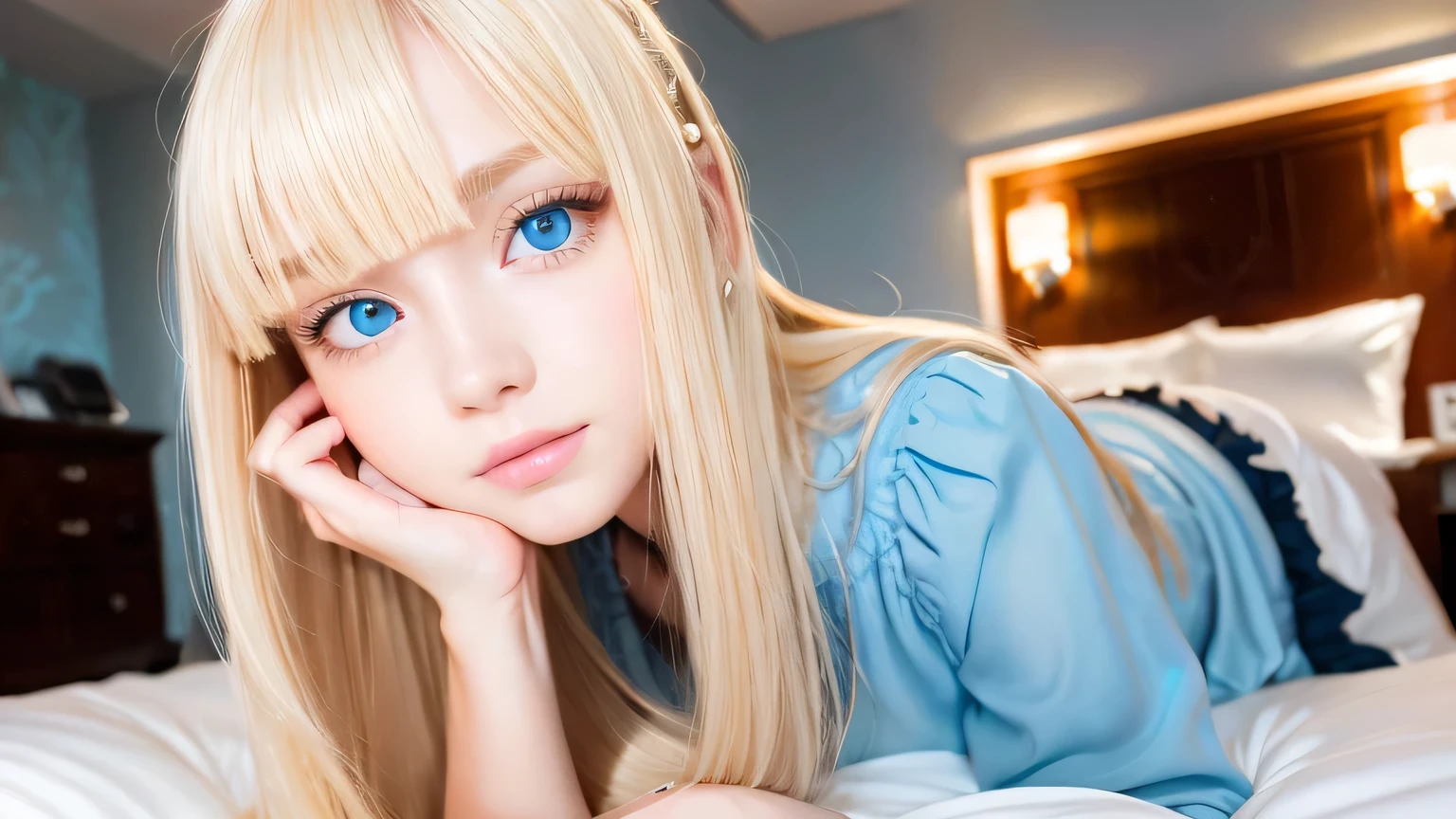 A very white and beautiful 20-year-old blonde girl、Mastepiece, Best Quality, Illustration, Ultra-detailed fine details, Natural platinum blonde with a natural shine、Super long straight silky hair、Super long Rapunzel hair、disheveled bangs above the eyes,、Bangs that cover the face、High resolution, 8K Denden Wallpaper, Perfect dynamic composition, Beautifully detailed large light blue eyes , Very big eyes、of hotel(Bed)、Small Face Beauty、Round face、On all fours