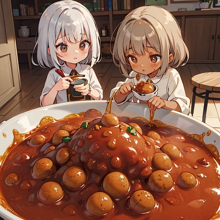 Girls mixing curry spices Brown skin and silver hair