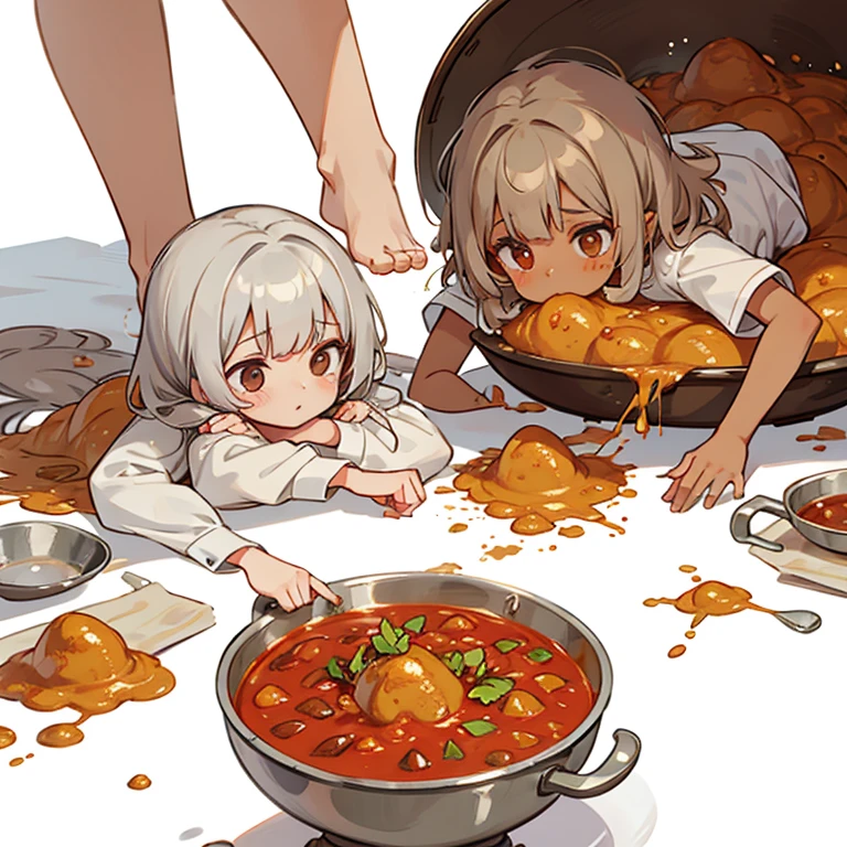 Girls mixing curry spices　Brown skin and silver hair