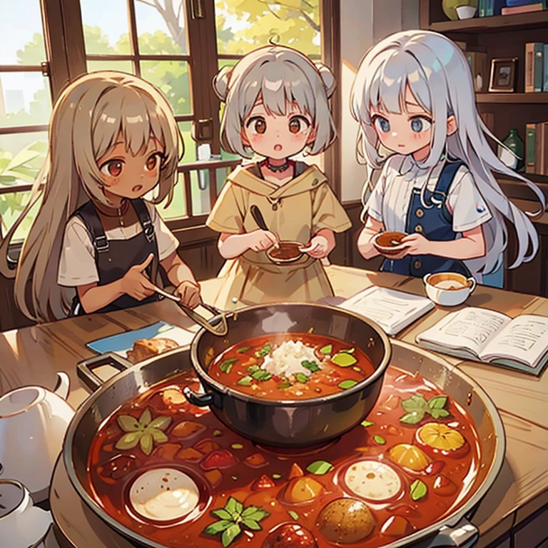 Girls mixing curry spices Brown skin and silver hair