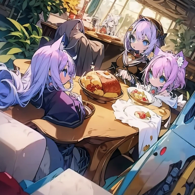 A group of anime characters, various anthropomorphic animals, including cat girls, elves, and mechas, were making trouble around the table.，Enjoying food and drinks，The atmosphere is lively and lively。The roles have（Beautiful and delicate eyes，Beautiful and delicate lips，Extremely detailed eyes and face，Long eyelashes）。They are depicted in popular anime style，Set in an otherworldly environment with fantasy elements。The scene resembles a still from the TV anime series，Captures moments of everyday life in the world of animation。 This work of art has（high quality：1.2、4k resolution、lifelike），Featuring ultra-detailed visuals，Exhibits complex design of characters and environments。