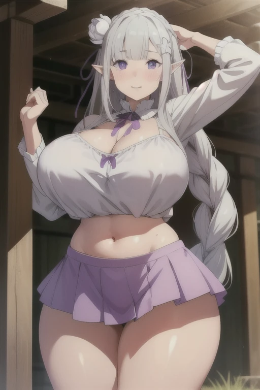 (masterpiece:1.2, best quality:1.2, beautiful, high quality, highres:1.1, aesthetic), detailed, extremely detailed, ambient soft lighting, 4K, perfect eyes, perfect face, perfect lighting, 1girl, solo, huge breasts, huge ass, huge thighs, narrow waist, wide hips, thick thighs, curvy, standing, looking at viewer, facing viewer, Emilia, Emilia from re zero,  long hair, silver hair, blunt bangs, braid, hair ornament, hair flower, hair ribbon, purple ribbon  blue pupils, purple eyes, ringed eyes, elf, cleavage, hands up,hands in the air, jumping, mini skirt, exposed midriff, underboob, bouncing breasts, collar,blushing,sweating, (breathing hard), (panting), anime, farm, smile, huge ass, huge breasts, huge thighs, narrow waist, wide hips, thick thighs, curvy, (masterpiece:1.2), highres, best quality, 8k, very clear,
