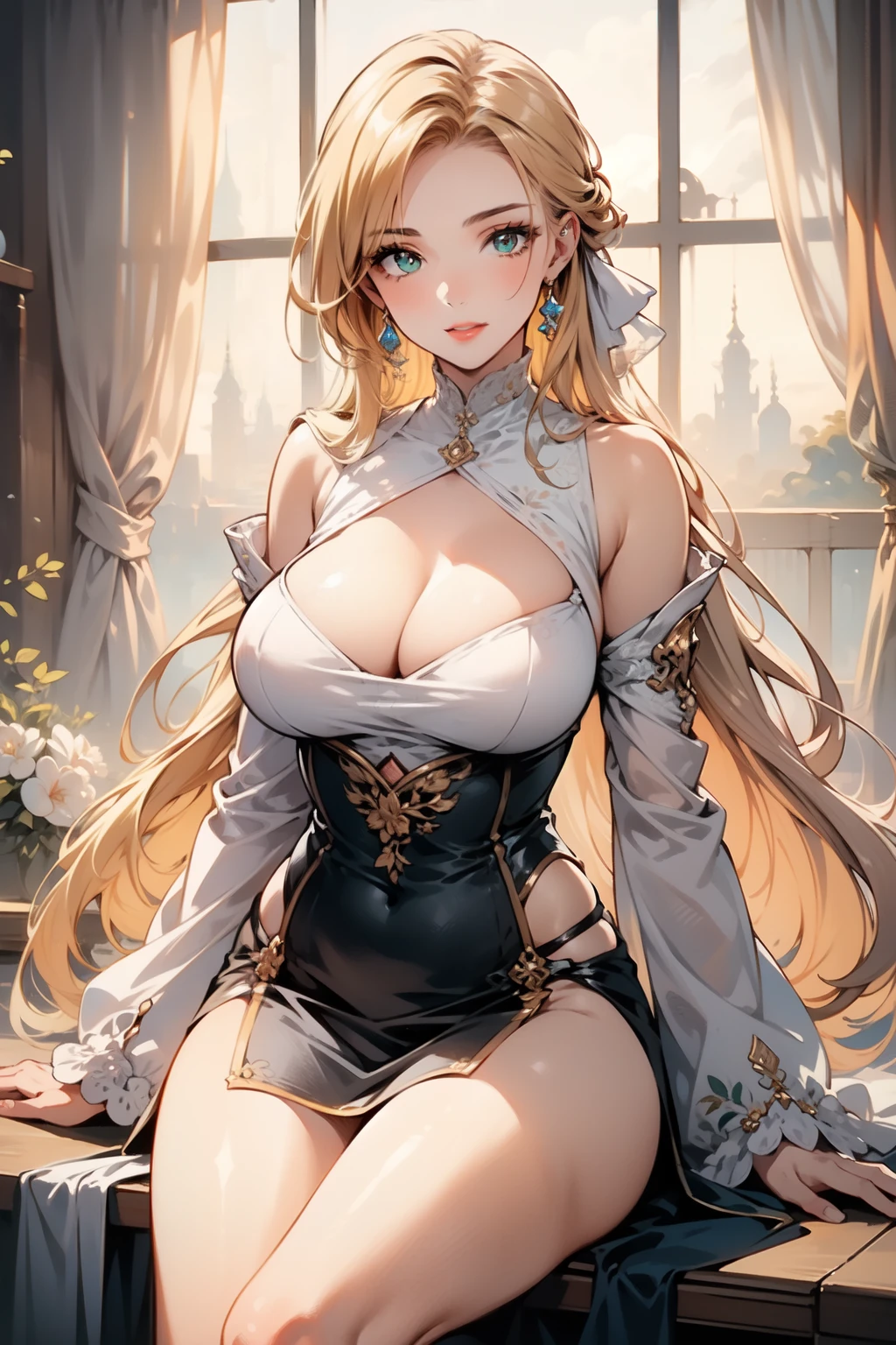masterpiece, best quality, ultra-detailed, illustration,(1 woman), beautiful detailed eyes, long blonde hair, green eyes, cleavage, sitting, half image, ((mature woman)), red lips, [:edgOiran_makeup,edgOiran_hairstyle,perfect edgOiran_face::0.5], [Vintage Floral Print Vest Sexy Bodycon Boat Neck Jacquard Camisole Flounce Irregular Suspender Corset|Dress]