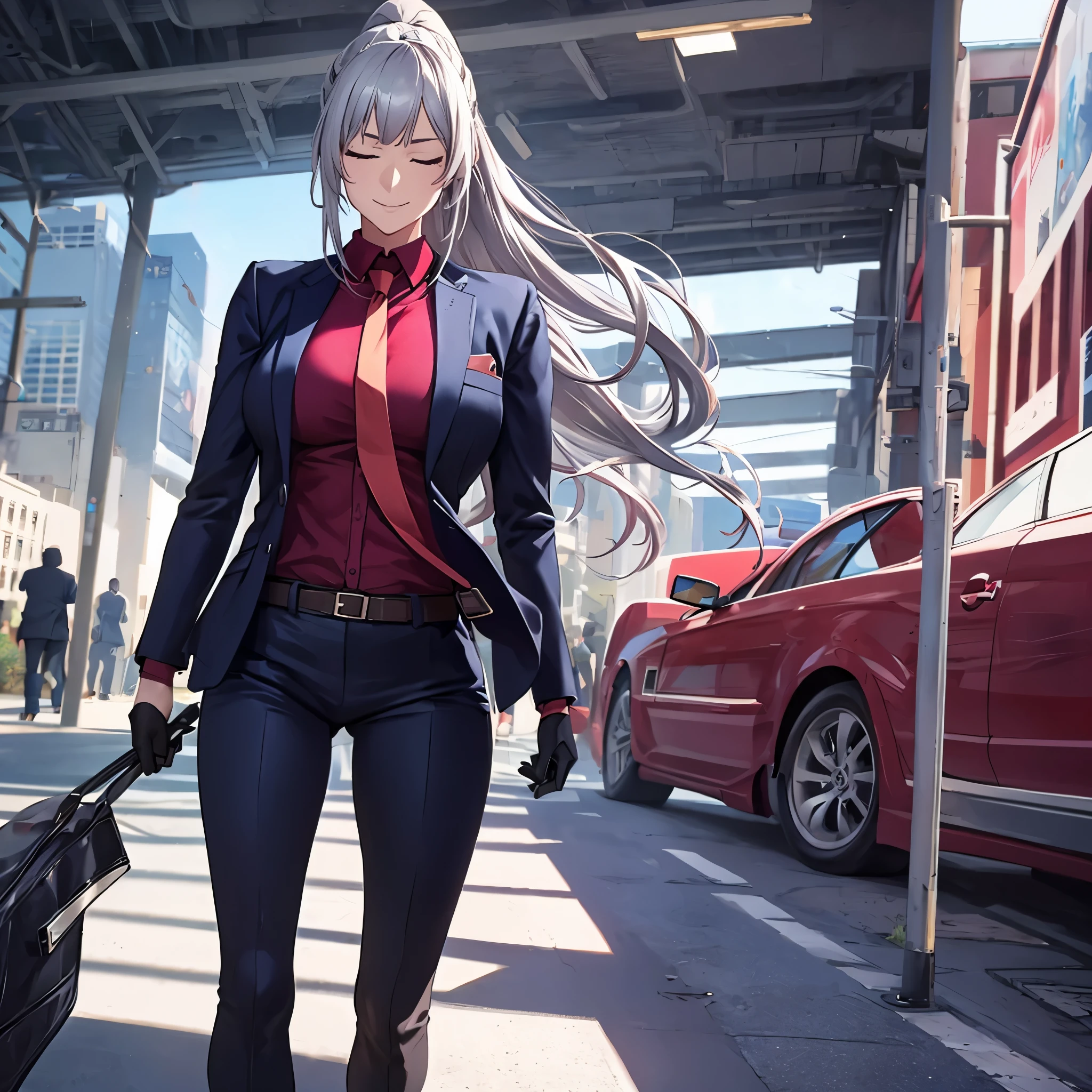 A woman wearing a black suit, with a red tie, black pants, eyes closed, long silver hair, ponytail hair, walking in a modern office, big breasts, smiling, holding a bullet, black gloves.Surrealism, drop shadow, anaglyph, stereogram, tachi-e, pov, atmospheric perspective, 8k, super detail, ccurate, best quality, award winning, textured skin, highres, anatomically correct, (woman solo)
