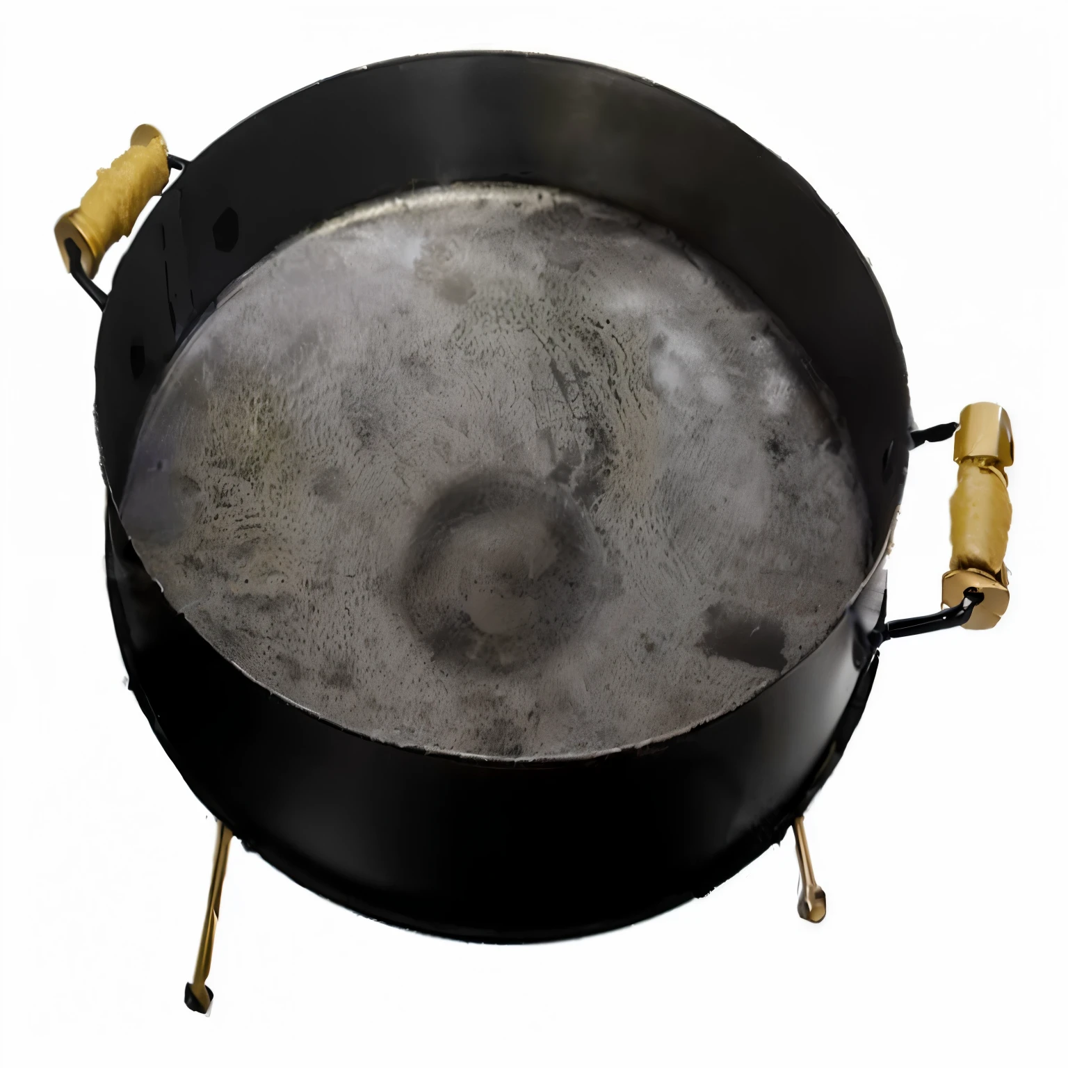 there is a large frying pan with a handle on a white background, metal lid, gong, oso, VTM, foto del producto de alta calidad, High-resolution product photo, braseros, Foto detallada del producto, sobre base de disco texturizada, Bubble chamber, foto oficial del producto, Foto de producto de alto detalle, top lid, foto detallada del producto, Base texturizada ; Fotos del producto
