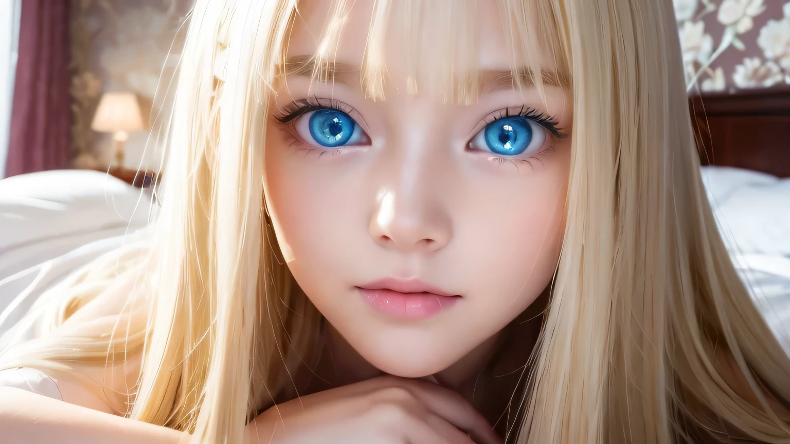 A very white and beautiful 20-year-old blonde girl、Mastepiece, Best Quality, Illustration, Ultra-detailed fine details, Natural platinum blonde with a natural shine、Super long straight silky hair、Super long Rapunzel hair、disheveled bangs above the eyes,、Bangs that cover the face、High resolution, 8K Denden Wallpaper, Perfect dynamic composition, Beautifully detailed large light blue eyes , Very big eyes、of hotel(Bed)、Small Face Beauty、Round face、On all fours