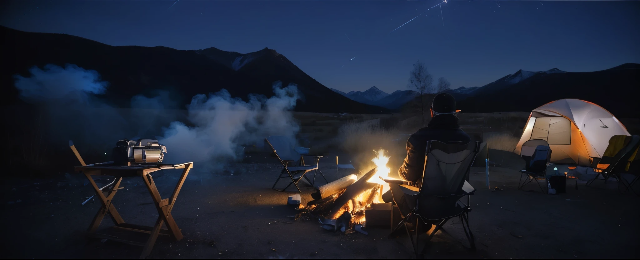 masterpiece,Real light and shadow,Best quality,night,camping,There is a jeep parked on the far left of the picture,A flashlight on a folding chair,The light from the bonfire illuminates the smoke from the bonfire,There is a bonfire in the middle of the picture,The back of a man sitting on a recliner on the right side of the picture,画面最右侧是camping帐篷
