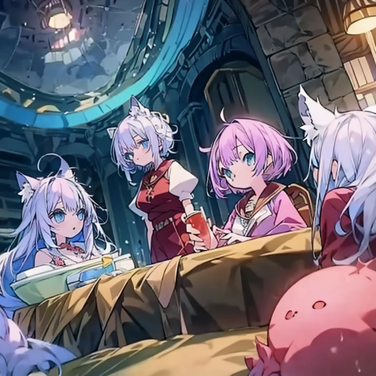 Mechas are causing trouble. A group of anime characters, various anthropomorphic animals, including cat girls and elves, are sitting around the table.，Enjoying food and drinks，The atmosphere is lively and lively。The roles have（Beautiful and delicate eyes，Beautiful and delicate lips，Extremely detailed eyes and face，Long eyelashes）。They are depicted in popular anime style，Set in an otherworldly environment with fantasy elements。The scene resembles a still from the TV anime series，Captures moments of everyday life in the world of animation。 This work of art has（high quality：1.2、4k resolution、lifelike），Featuring ultra-detailed visuals，Exhibits complex design of characters and environments。