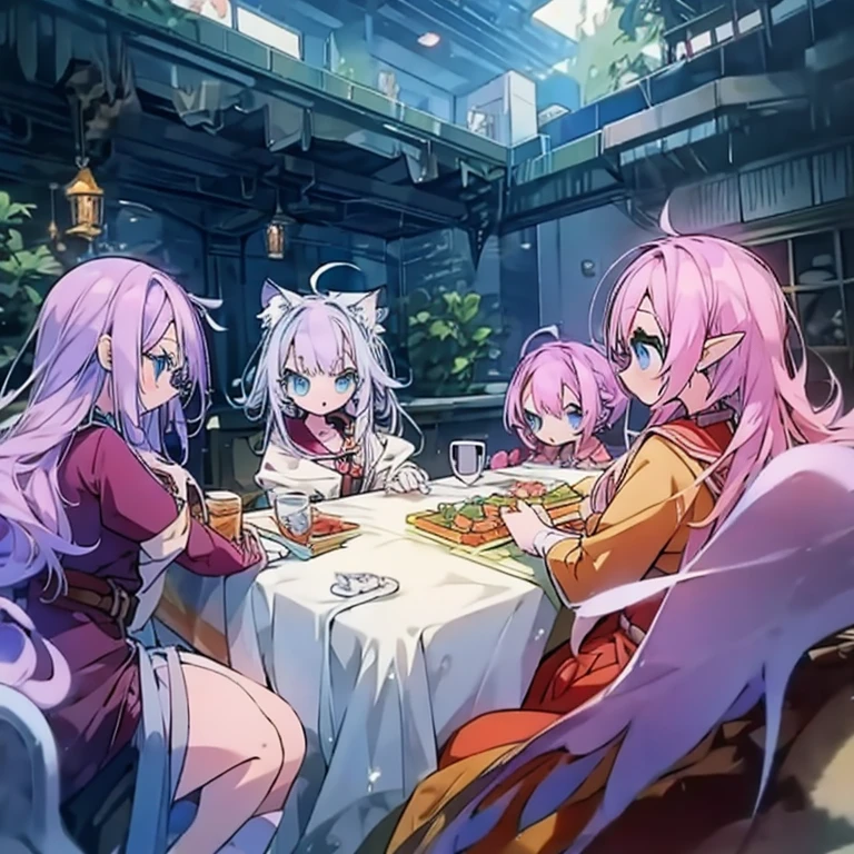 Mechas are causing trouble. A group of anime characters, various anthropomorphic animals, including cat girls and elves, are sitting around the table.，Enjoying food and drinks，The atmosphere is lively and lively。The roles have（Beautiful and delicate eyes，Beautiful and delicate lips，Extremely detailed eyes and face，Long eyelashes）。They are depicted in popular anime style，Set in an otherworldly environment with fantasy elements。The scene resembles a still from the TV anime series，Captures moments of everyday life in the world of animation。 This work of art has（high quality：1.2、4k resolution、lifelike），Featuring ultra-detailed visuals，Exhibits complex design of characters and environments。