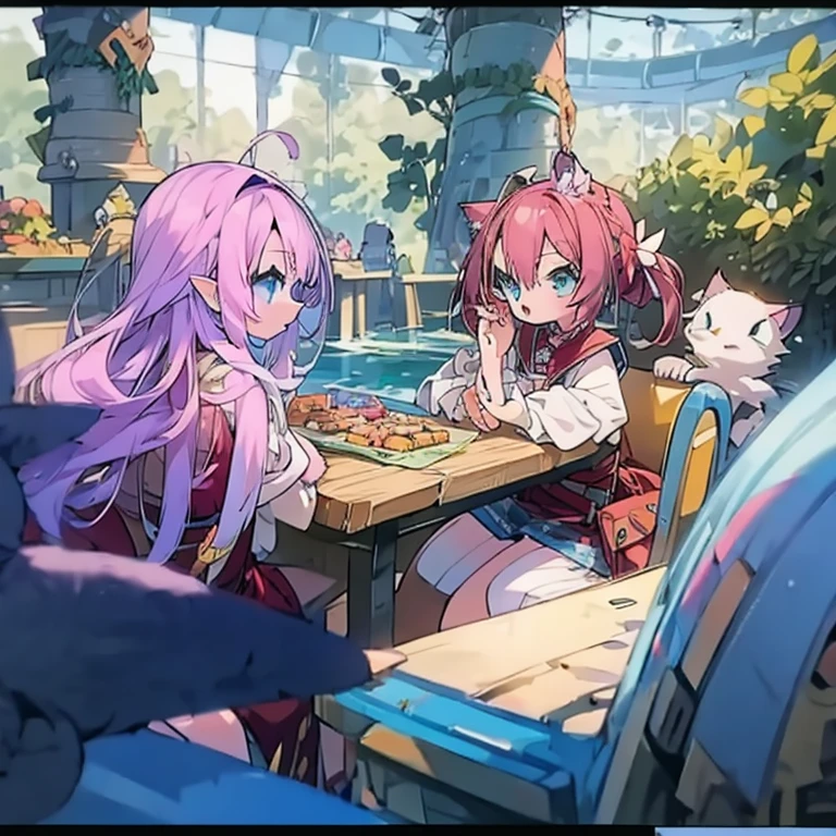 Mechas are causing trouble. A group of anime characters, various anthropomorphic animals, including cat girls and elves, are sitting around the table.，Enjoying food and drinks，The atmosphere is lively and lively。The roles have（Beautiful and delicate eyes，Beautiful and delicate lips，Extremely detailed eyes and face，Long eyelashes）。They are depicted in popular anime style，Set in an otherworldly environment with fantasy elements。The scene resembles a still from the TV anime series，Captures moments of everyday life in the world of animation。 This work of art has（high quality：1.2、4k resolution、lifelike），Featuring ultra-detailed visuals，Exhibits complex design of characters and environments。