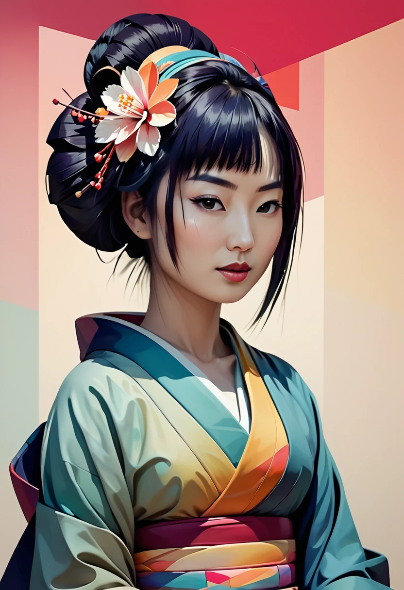 A minimalist design with a vintage touch, featuring a cool, stylish geisha silhouette in faded, awesome and bright colors. cubist painting, Neo-Cubism, layered overlapping geometry, art deco painting, Dribbble, geometric fauvism, layered geometric vector art, maximalism; V-Ray, Unreal Engine 5, angular oil painting, DeviantArt,WPAP,kodew