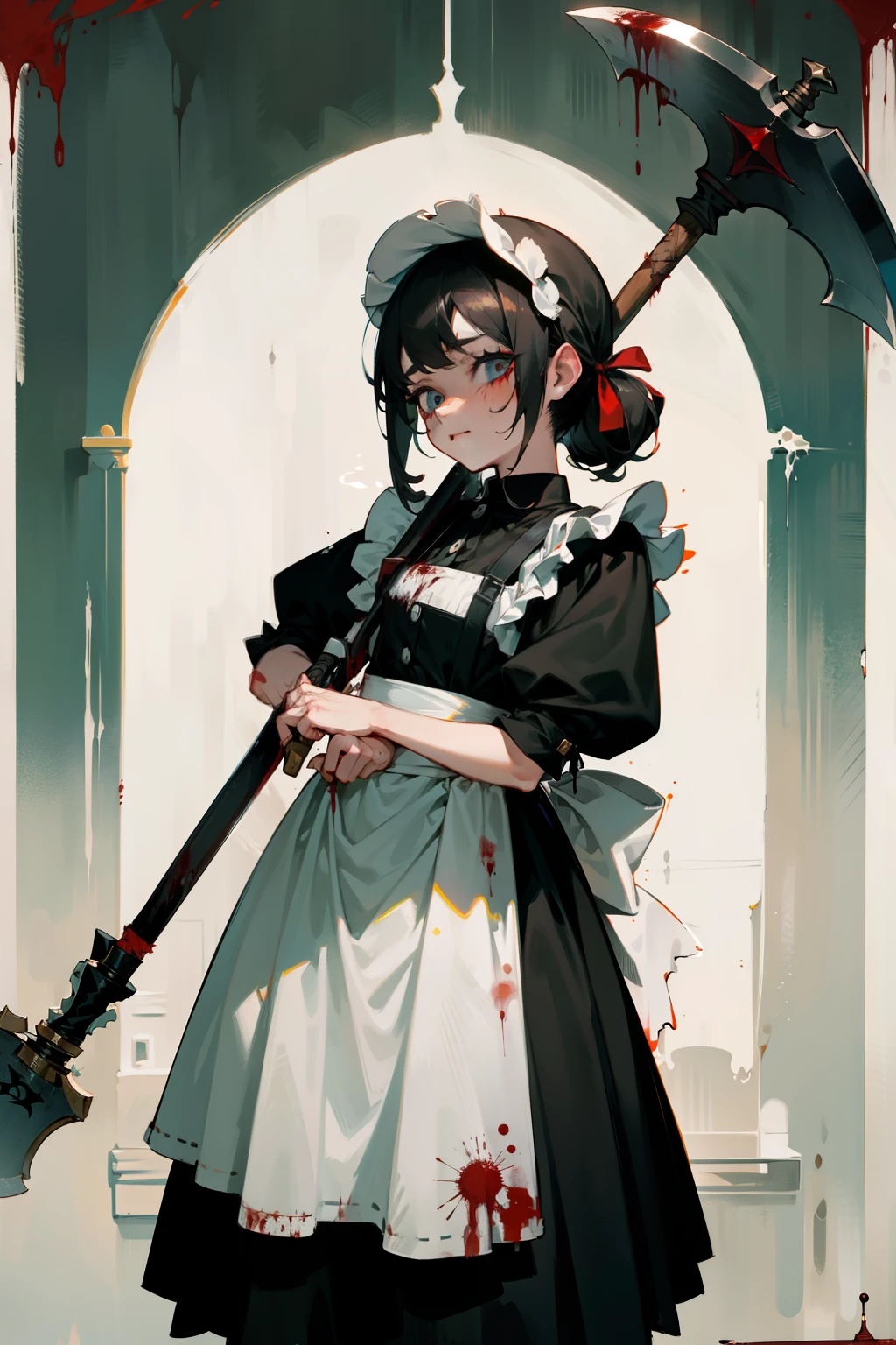 The sickly maid holding a bloody axe,,Stained with blood spattered at close range,Blood stains left after the splash