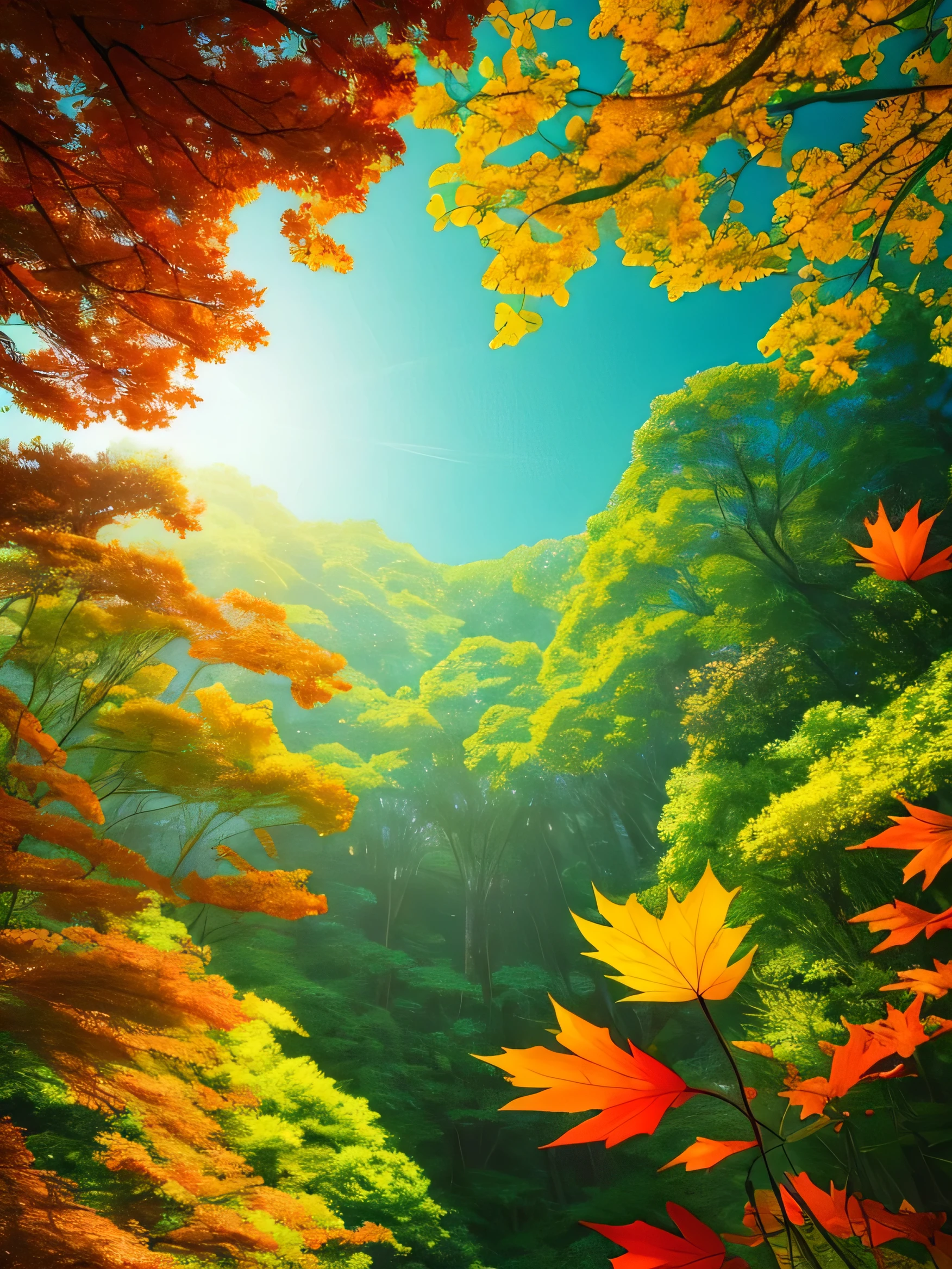 beginning of autumn,dia ensolarado,plantas e flores, vento, folhas, parecido com um conto de fadas, fantasia,Autumn is full of greenery,Estilo verde e amarelo, fundo brilhante, White space at the top