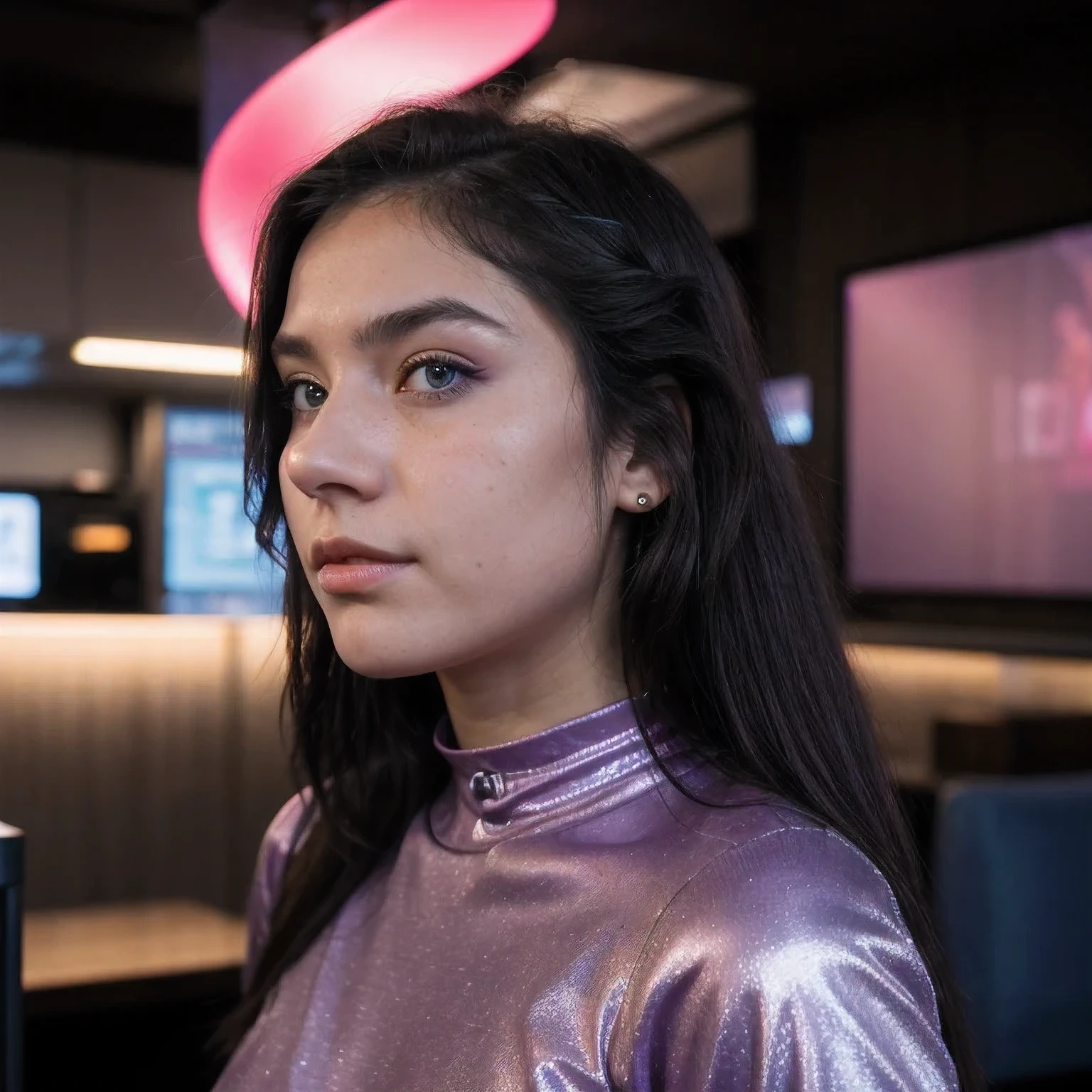 photo of a college student，16 years old, in Purple Pink, futuristic space suit, (freckles:0.8) cute face, sci-fi, dystopian, detailed eyes, cobalt blue eyes（（Side view））Disco bar