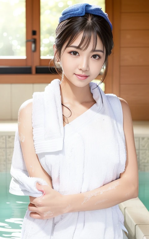 (highest quality:1.5)、(Realistic:1.5)、(1 person:1.5)、whole body、Very detailed、Ultra-High-Resolution、8k、normal breasts、Natural color lips、Cute smile、Japanese women、22 year old girl、Beautiful and elegant face、Perfect and beautiful face、Thin eyebrows、cute顔、cute目、Balanced Eyes、Big eyes、Fair skin、Beautiful and elegant face、Natural Bangs、Beautiful and thin nose、Beautiful Skin、Fair skin、Medium Bob Hair、Short Hair、Natural Bangs、Perfect and beautiful face、Slim face and figure、(Bright lighting)、Professional Lighting、 (Lighting from the front)、cute、((Take a bath))、((Wrap a towel around your body:1.5))、(Japanese hot springs)、(Open-air bath)、Beautiful thighs、(A look to pamper your loved one) 、(A facial expression that entices men)、(View the photographer、See who's watching、Are standing、Soaking in a hot spring)、Photographer's Lover、She loves photographers dearly、Slim Body、Moisturized Skin、