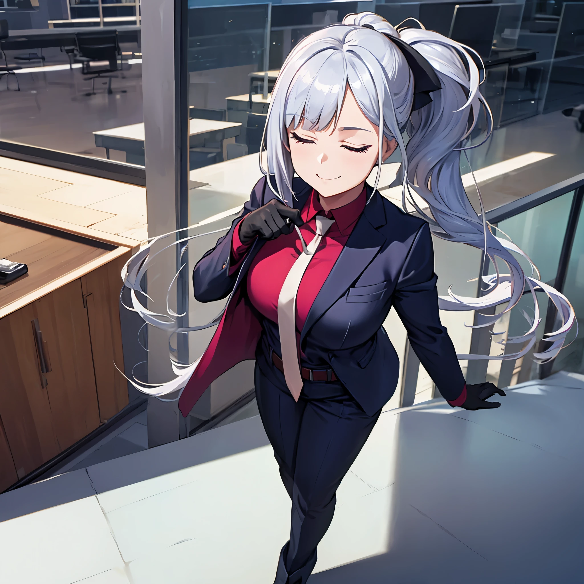 A woman wearing a black suit, with a red tie, black pants, eyes closed, long silver hair, ponytail hair, walking in a modern office, big breasts, smiling, holding a bullet, black gloves.Surrealism, drop shadow, anaglyph, stereogram, tachi-e, pov, atmospheric perspective, 8k, super detail, ccurate, best quality, award winning, textured skin, highres, anatomically correct, (woman solo)
