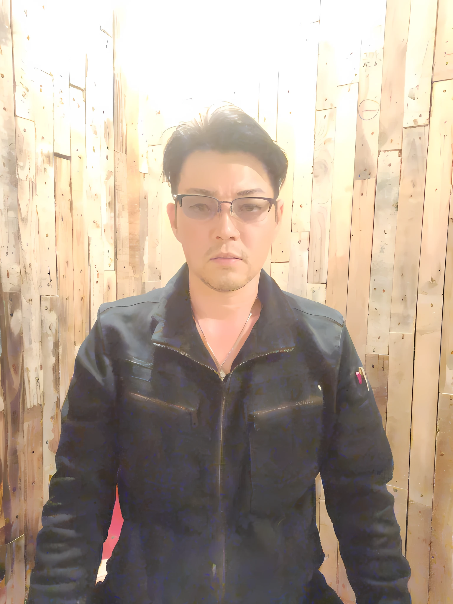 There is a man standing in front of a wooden wall, hideki anno, amazing, yusuke nakano, daisuke tsutsumi, yoshifumi ushima, toriyama akira, shigeto koyama, yosuke ueno, tanaka suguru, Kosuke Ono, akira yoshizawa, tomohiro shimoguchi