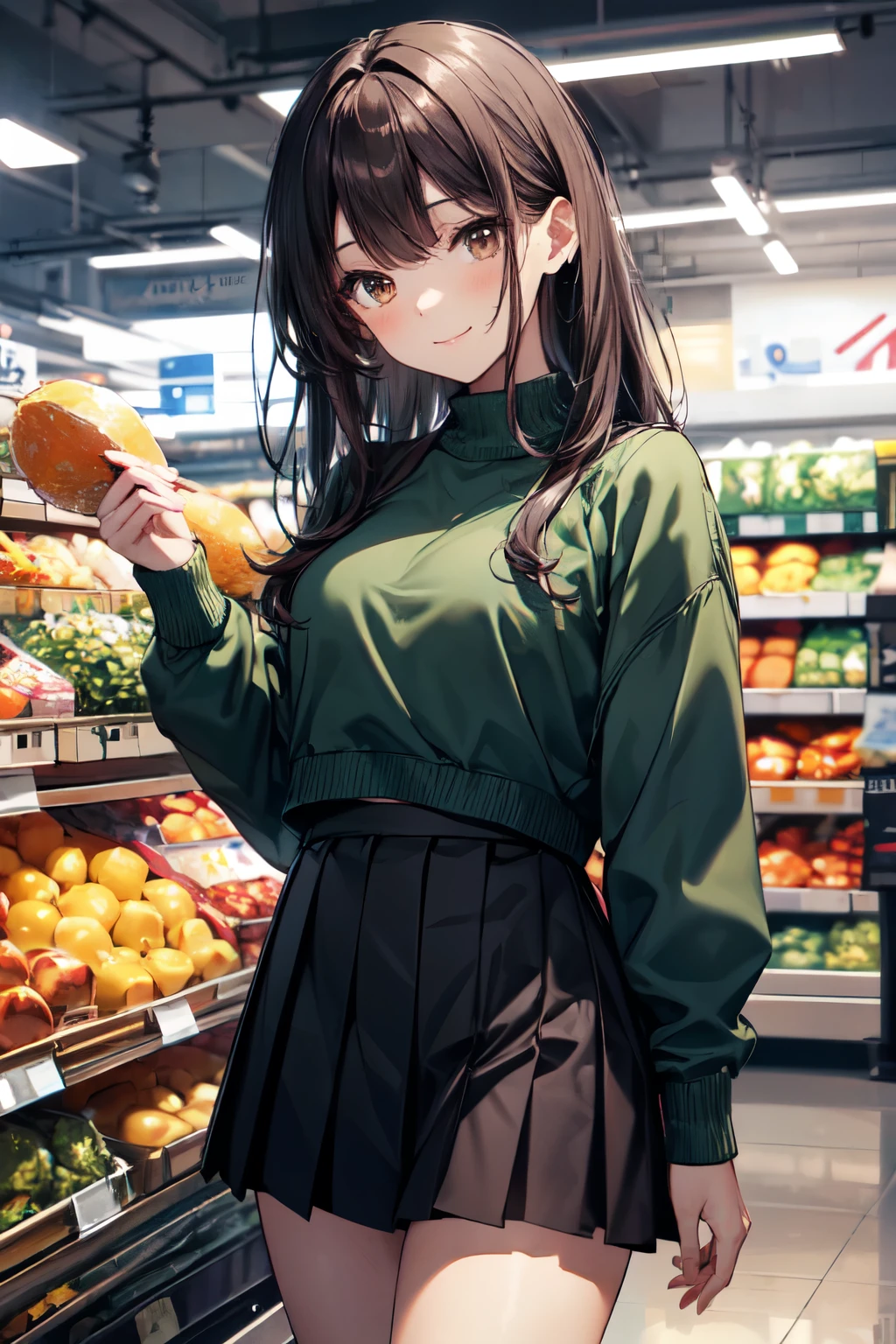 very cute and beautiful girl,(highly detailed beautiful face and eyes),
(seductive smile),looking at viewer,(green sweater),cowboy shot,pleated black mini skirt,
shopping in supermarket,black hair,
(best quality,masterpiece),absurdres,highres,ultra-detailed,extremely detailed,32k,8k resolution,
intricate details,cinematic scene,detailed background,solo,dynamic angle,aesthetic darkbrown eyes,