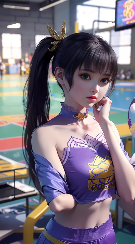8k, best quality, masterpiece: 1.2), (Practical, Reality: 1.37), Ultra Detailed, best quality, Ultra-high resolution, Professional lighting, Photon Mapping, Radiosity, Physically Based Rendering, Movie Lighting , Basketball Court, Depth of Field, Key Points, Sun rays, Good composition, (Bokeh: 1.2), 1 girl, (whole body), (Shut up), beautiful eyes, posture, shrink, Basketball clothes, Black Hair , Messy hair, Long hair fluttering in the wind,(ulzzang-6500:1.2) Mix 4, High body, Large Breasts, A bit of a sexy outfit