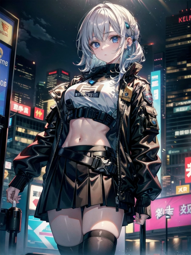 whole body, cyberpunk, police uniform, Skirt, absurdres, RAW photo, extremely delicate and beautiful, masterpiece, Best Quality, ultra high resolution, 32k, hyperrealistic, ultra-detailed description, pale skin, 20 years old, detailed beautiful face and eyes, tearful mole, earring, Colossal , short medium wavy hair, midriff,