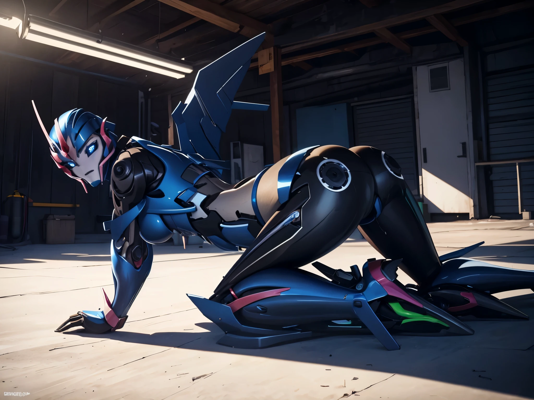 A sexy autobot robot in a mecha pose, positioned on all fours, inside a garage, with a provocative gaze looking back.
(best quality,4k,8k,highres,masterpiece:1.2),ultra-detailed,(realistic,photorealistic,photo-realistic:1.37),HDR,UHD,studio lighting,ultra-fine painting,sharp focus,physically-based rendering,extreme detail description,professional,vivid colors,bokeh,portraits