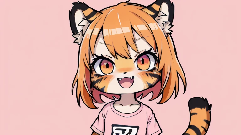 (masterpiece, High quality, Best quality, 8k, High resolution), ((chibii style, chibi cute)), (solo, 1 kid girl), {tiger girl, tiger face, 2 fangs, long eyelashes, eyeliner} {tiger whiskers}, (((Tiger skin all over the body, Tiger stripes on the body))), (orange hair), short hair, hair clip, [[hair clip white flower on hair]], ((very happy)), ((open mouth)), orange eyes, [black pupile], ((looking up)), (very small breasts), thin arms, (one Arm up, one arm down), armpits, ((mini pink T-shirt, full pink T-shirt)), {white shorts}, {{{mini tiger Tail, Tail on the back}}}, (full body), (((standing, jumping chopped angle))), dynamic pose, white background, simple background, ((((Tora-chan no Hanayome style)))), (old anime 40s style), anime style, anime color.