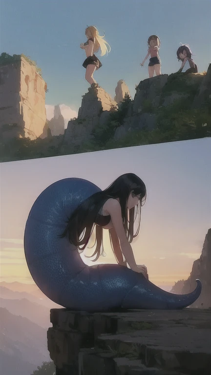 A lot of girls, All Lamia, All in different color sports bras, whole body, original character, All incredibly beautiful girls, All of them have delicate, beautiful and attractive faces., They all use their long tails to climb the steep cliffs.,