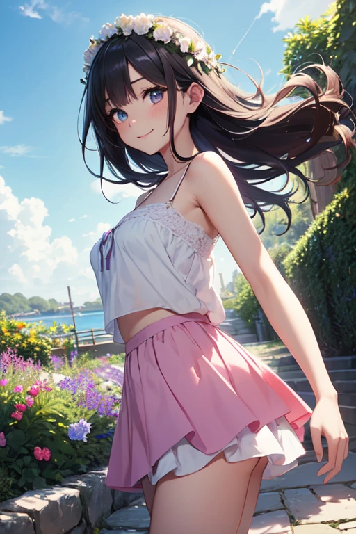 Very cute and beautiful girl wearing a white flower crown,White camisole、Pink mini skirt、
(Very exquisite beautiful face and eyes:1.2),(Lavender Garden),stone path,Distant Sea,Beautiful summer sky,
(Mid Shot:1.15),Leg details,smile,Black Hair,Dynamic pose,Dynamic Angle,View your viewers,
(highest quality,masterpiece:1.2),(Intricate details),1 girl,alone,High resolution,Natural light,Hair blowing in the wind,