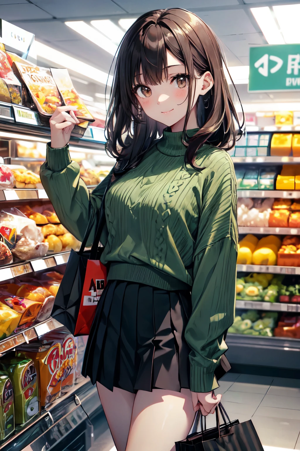 very cute and beautiful girl,(highly detailed beautiful face and eyes),
(seductive smile),looking at viewer,(green sweater),cowboy shot,pleated black mini skirt,
shopping in supermarket,black hair,
(best quality,masterpiece),absurdres,highres,ultra-detailed,extremely detailed,32k,8k resolution,
intricate details,cinematic scene,detailed background,solo,dynamic angle,aesthetic darkbrown eyes,