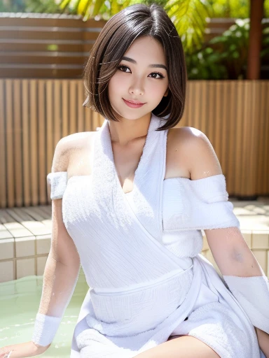 (highest quality:1.5)、(Realistic:1.5)、(1 person:1.5)、whole body、Very detailed、Ultra-High-Resolution、8k、normal breasts、Natural color lips、Cute smile、Japanese women、22 year old girl、Beautiful and elegant face、Perfect and beautiful face、Thin eyebrows、cute顔、cute目、Balanced Eyes、Big eyes、Fair skin、Beautiful and elegant face、Natural Bangs、Beautiful and thin nose、Beautiful Skin、Fair skin、Medium Bob Hair、Short Hair、Natural Bangs、Perfect and beautiful face、Slim face and figure、(Bright lighting)、Professional Lighting、 (Lighting from the front)、cute、((Take a bath))、((Wrap a towel around your body:1.5))、(Japanese hot springs)、(Open-air bath)、Beautiful thighs、(A look to pamper your loved one) 、(A facial expression that entices men)、(View the photographer、See who's watching、Are standing、Soaking in a hot spring)、Photographer's Lover、She loves photographers dearly、Slim Body、Moisturized Skin、