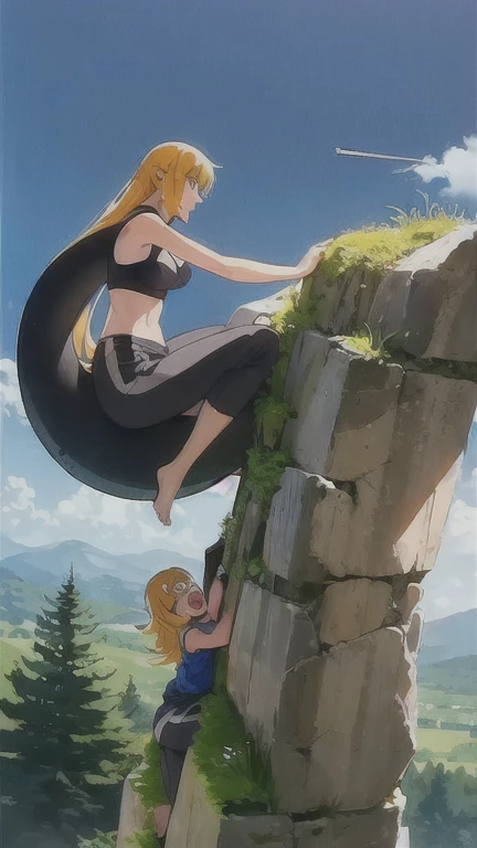 A lot of girls, All Lamia, All in different color sports bras, whole body, original character, All incredibly beautiful girls, All of them have delicate, beautiful and attractive faces., They all use their long tails to climb the steep cliffs.,