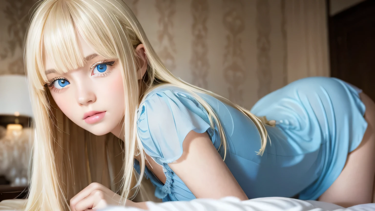 A very white and beautiful 20-year-old blonde girl、Mastepiece, Best Quality, Illustration, Ultra-detailed fine details, Natural platinum blonde with a natural shine、Super long straight silky hair、Super long Rapunzel hair、disheveled bangs above the eyes,、Bangs that cover the face、High resolution, 8K Denden Wallpaper, Perfect dynamic composition, Beautifully detailed large light blue eyes , Very big eyes、of hotel(Bed)、Small Face Beauty、Round face、On all fours