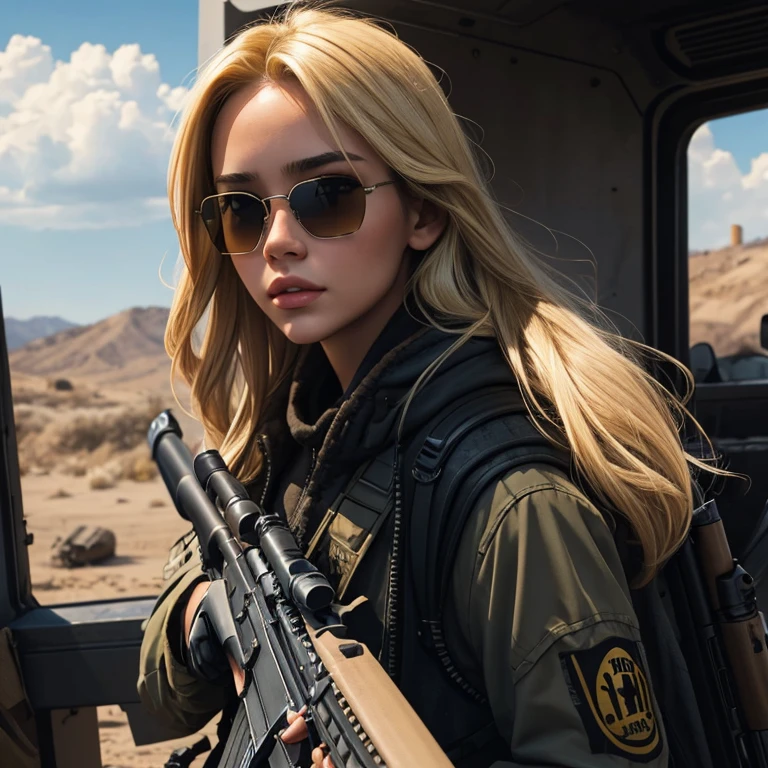 Beautiful young woman, stalker, blonde hair, automatic gun, rifle M-16, cinematic universe, post-apocalyptic, sunglasses, super detailing, photorealistic