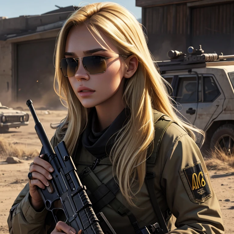 Beautiful young woman, stalker, blonde hair, automatic gun, rifle M-16, cinematic universe, post-apocalyptic, sunglasses, super detailing, photorealistic