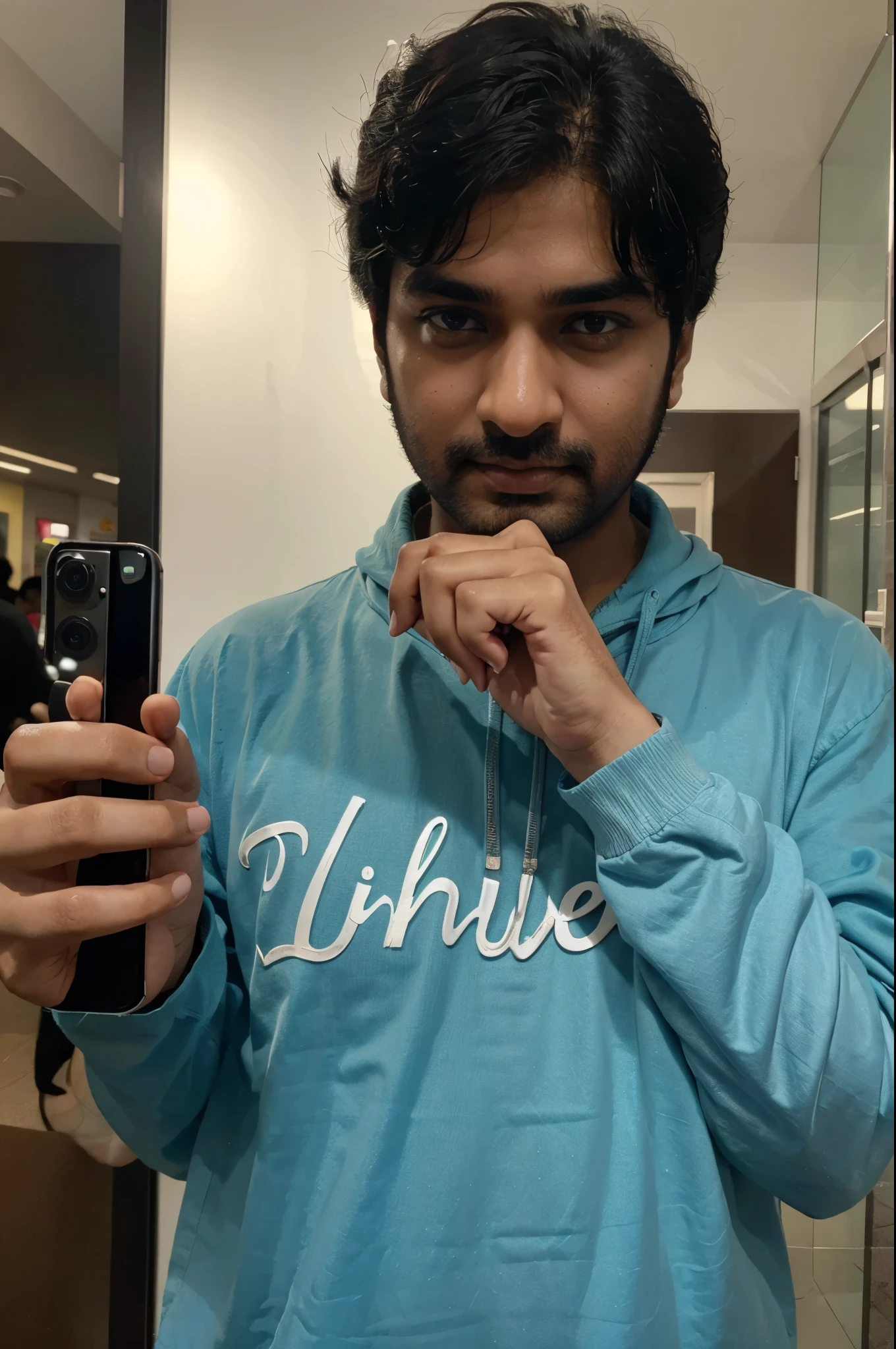 A image of a hand holding an iPhone 15 pro max and Aditya written on his hand 