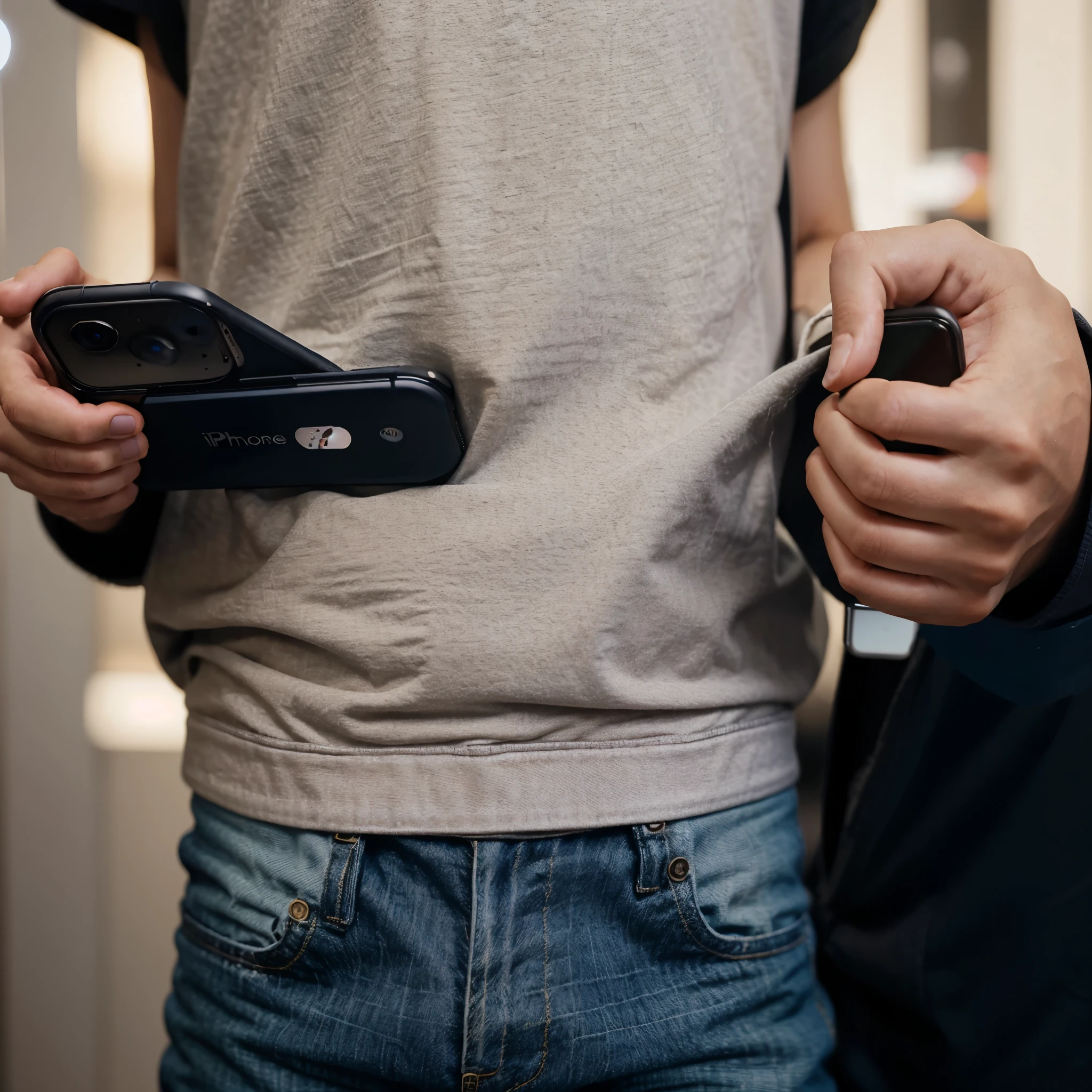 A image of a boy holding a iPhone 15 pro max in his hand and don't show his face