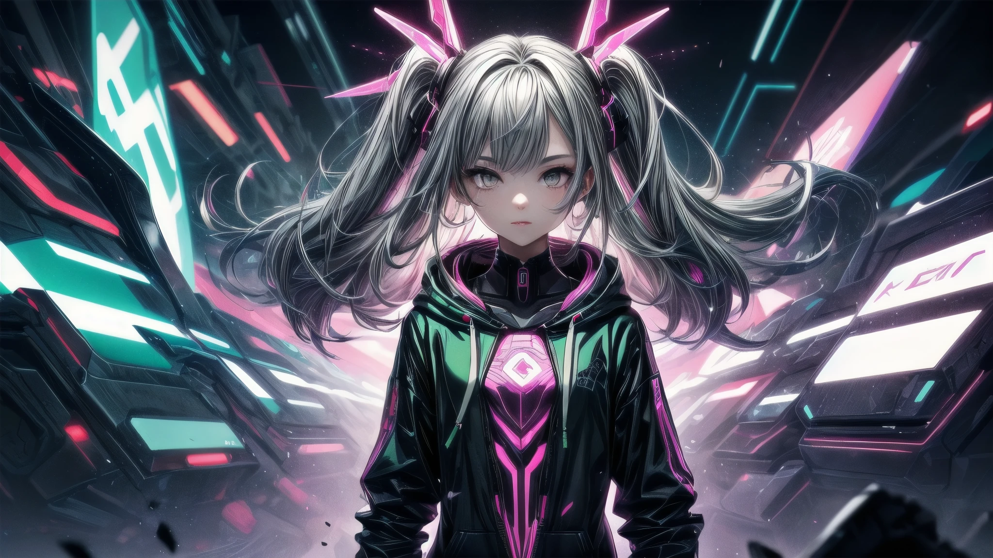 ultra quality,detailed, masterpiece, 16k, high resolution, beautiful, amazing, charming, elegant, stylish BREAK 1 girl, 24 years old, Height is 1cm, ((Bust size is 88cm)) BREAK (Long Hairstyle: 1.3), Beautiful and delicate flowing hair,(Delicate ,detailed ,(purple|Green|Blue|Pink|Red|yellow|Gray) eyes: 1.2), sparkling eyes, (glowing eyes), (magic eyes) BREAK (colorful loose hoodie:1.2), Futuristic outfit, cyber costume BREAK cyber punk, Vibrant, Futuristic, Neon lights, High-rise buildings, Holographic advertisements