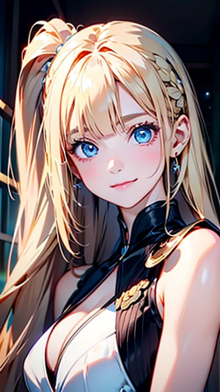 Best quality , masterpiece, Portrait、、Bright expression、ponytail、Young, shiny, white, glossy skin、Gloss Face、Shining Cheek Gloss、(Small Face Beauty:1.1)、The best beauty、The dazzling light of blonde hair、Bright blonde hair with dazzling highlights、Very beautiful shiny light blonde hair、super long silky straight hair、Her shiny, beautiful bangs are covering her eyes.、Sparkling, clear, attractive, bright, large, pale blue eyes、Very big eyes、eyeliner、very beautiful lovely cute 16 year old girl、Ample Bust, upper body , (smile) ,beautiful bangs are covering her eyes, ((((suits ))))