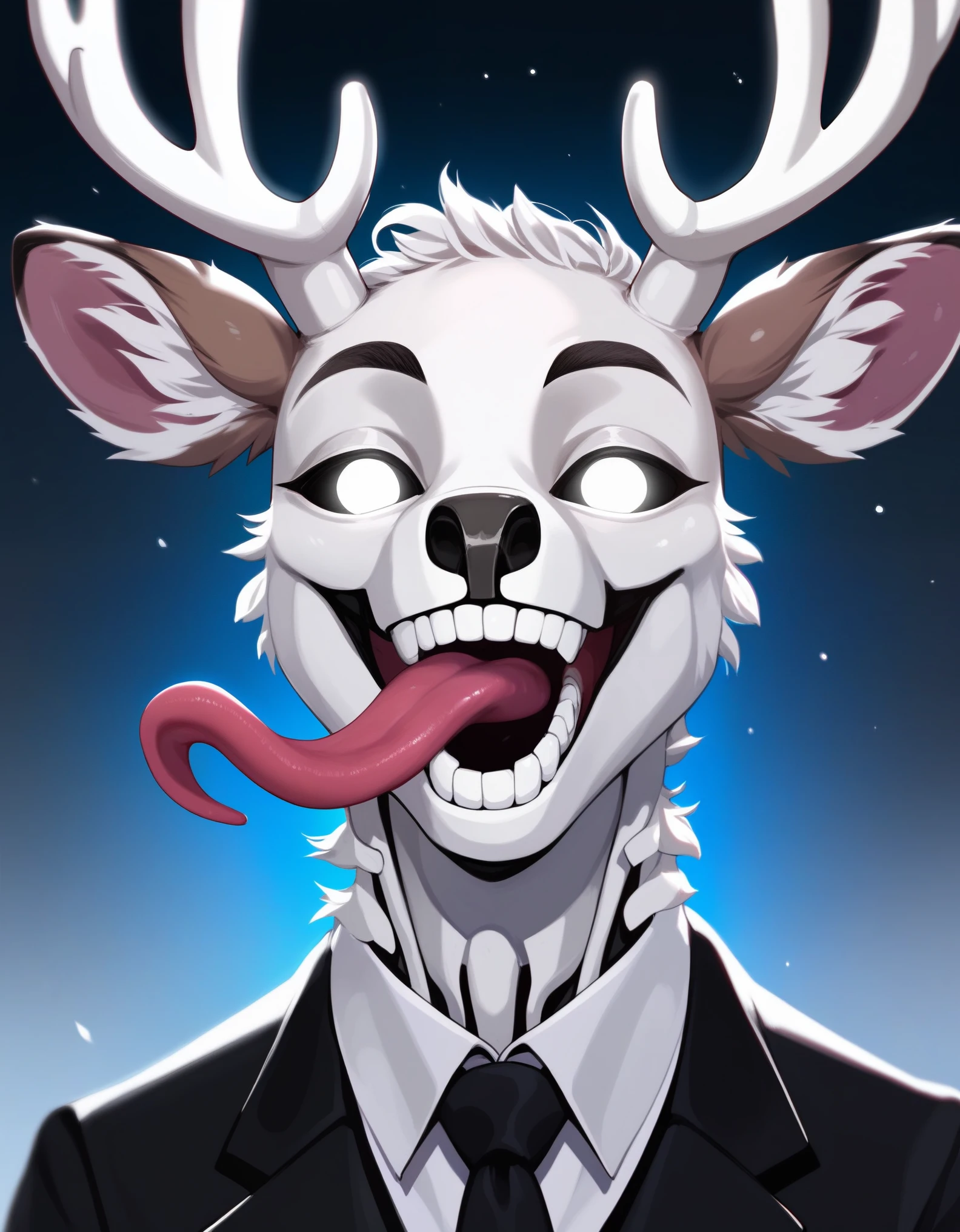 Solo, score_9,score_8_up,score_7_up, source_furry, solo, an Anthro deer skeleton, empty deer skull, deer antlers glowing white eyes, wearing black suit and tie, close up, grin, long tongue out,