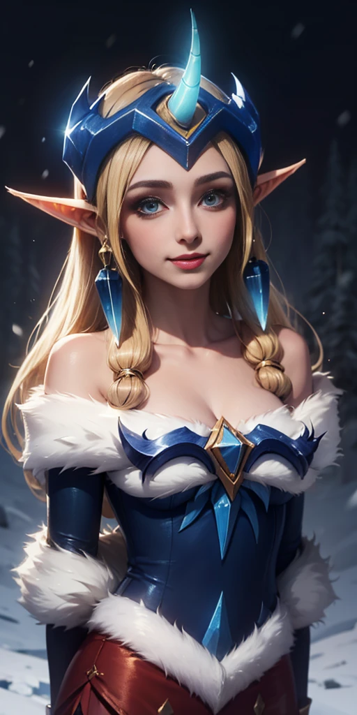 (masterpiece, best quality:1.2) intricate details, winter wonder soraka, 1girl, single horn, fur-trimmed dress, bare shoulders, earrings, blonde hair, pointy ears, smile