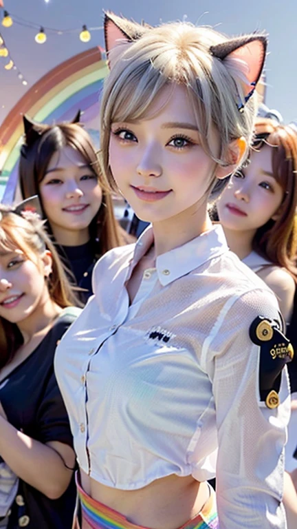 masterpiece, 4K, Bokeh, Beautiful Face, Harem, (Multiple Girls:1.4), (Group photo:1.5), (Cat ear:1.3), (white bob hair:1.3) , Looking at the audience, Cowboy Shot, With many cats in his arms, (bibid rainbow background :1.4), ((sexy button down shirt))、See-through、Off the shoulder、close