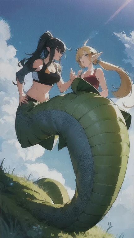 A lot of girls, All Lamia, All in different color sports bras, whole body, original character, All incredibly beautiful girls, All of them have delicate, beautiful and attractive faces., They all use their long tails to climb the steep cliffs.,