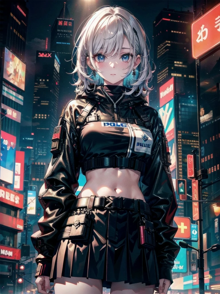 whole body, ((cyberpunk)), police uniform, Skirt, absurdres, RAW photo, extremely delicate and beautiful, masterpiece, Best Quality, ultra high resolution, 32k, hyperrealistic, ultra-detailed description, pale skin, 20 years old, detailed beautiful face and eyes, tearful mole, earring, Colossal tits, short medium wavy hair, midriff,