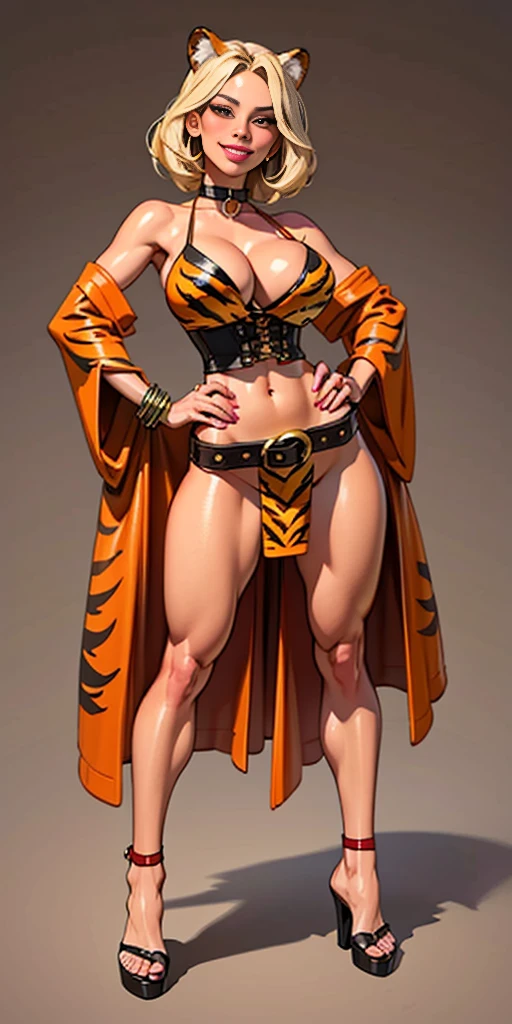 ((Masterpiece, plain background,1:2, masterpiece)) full body standing with separate yellow tiger print stockings thighs and sleeves, yellow tiger bikini print, hands on waist, navel, lustful smirking smiling, smile face (red blushed, red cheeks) armbands, black leather choker slave collar, metal sandals, big knockers, cleavage, separate sleeves, leather corset, hands on hips, shackles bracelets, slave red crest, loincloth standing, metal sandals, big belt, view from below, feet together, bracers, standing contrapposto straight symmetrical looking to viewer