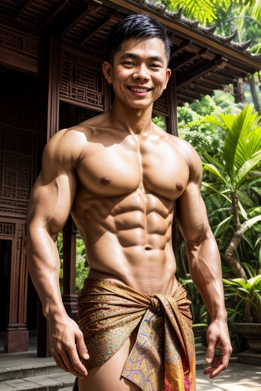 (realistic photo), handsome Javanese young man,  muscle slim body, wearing a batik sarong, sweet smile, outside the temple, vibrant colors, warm sunlight, intricate carvings, lush greenery, peaceful atmosphere. [HDR], [ultra-detailed], [physically-based rendering], [professional], [vivid colors], [sharp focus].