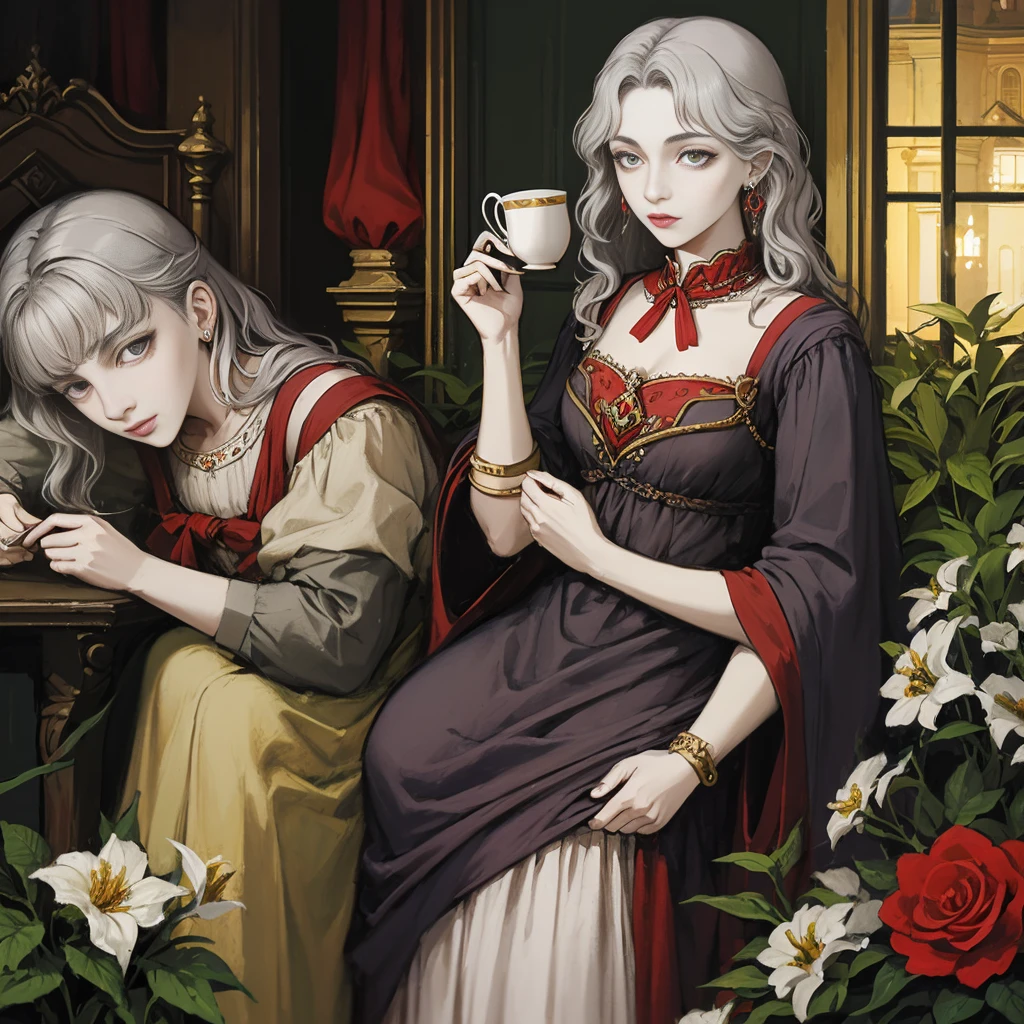 Gray Hair, Gray Eyes, ponytail, Royalty, Red Jewelry, Red Earrings, Lunar, Nobility, Nobleman, High Quality, Highly Detailed, Detailed Face, Masterpiece, Castle, Drinking Tea, Garden, Flowers, Lights
