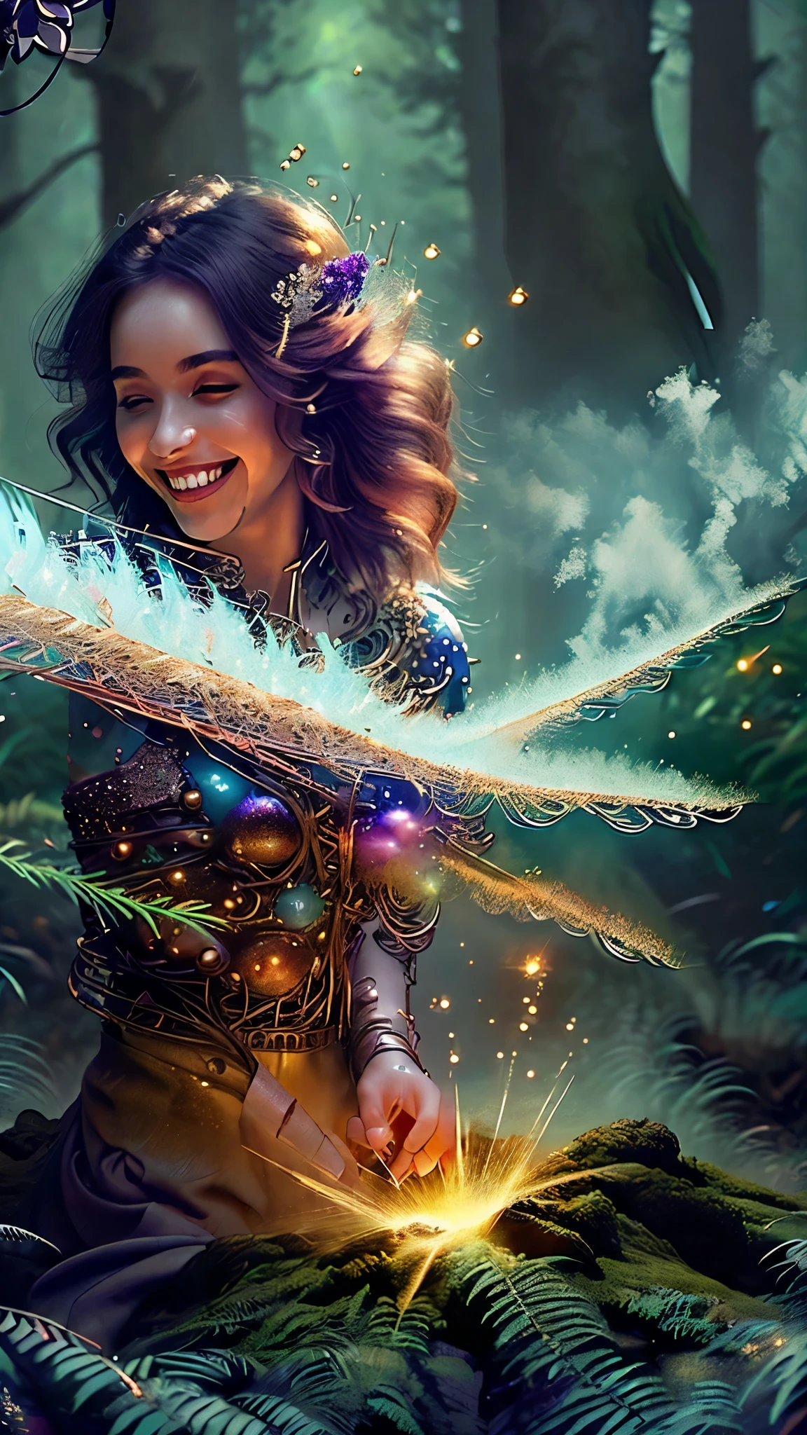 ((beautyful fantasy world)), ((beautyful fantasy world)), ((heaven)), sparkling elements, colourful crystal, forest, sunlight, sparkling complex fashion, smile, insane detail, hyper realistic, UHD, RAW, 16K.