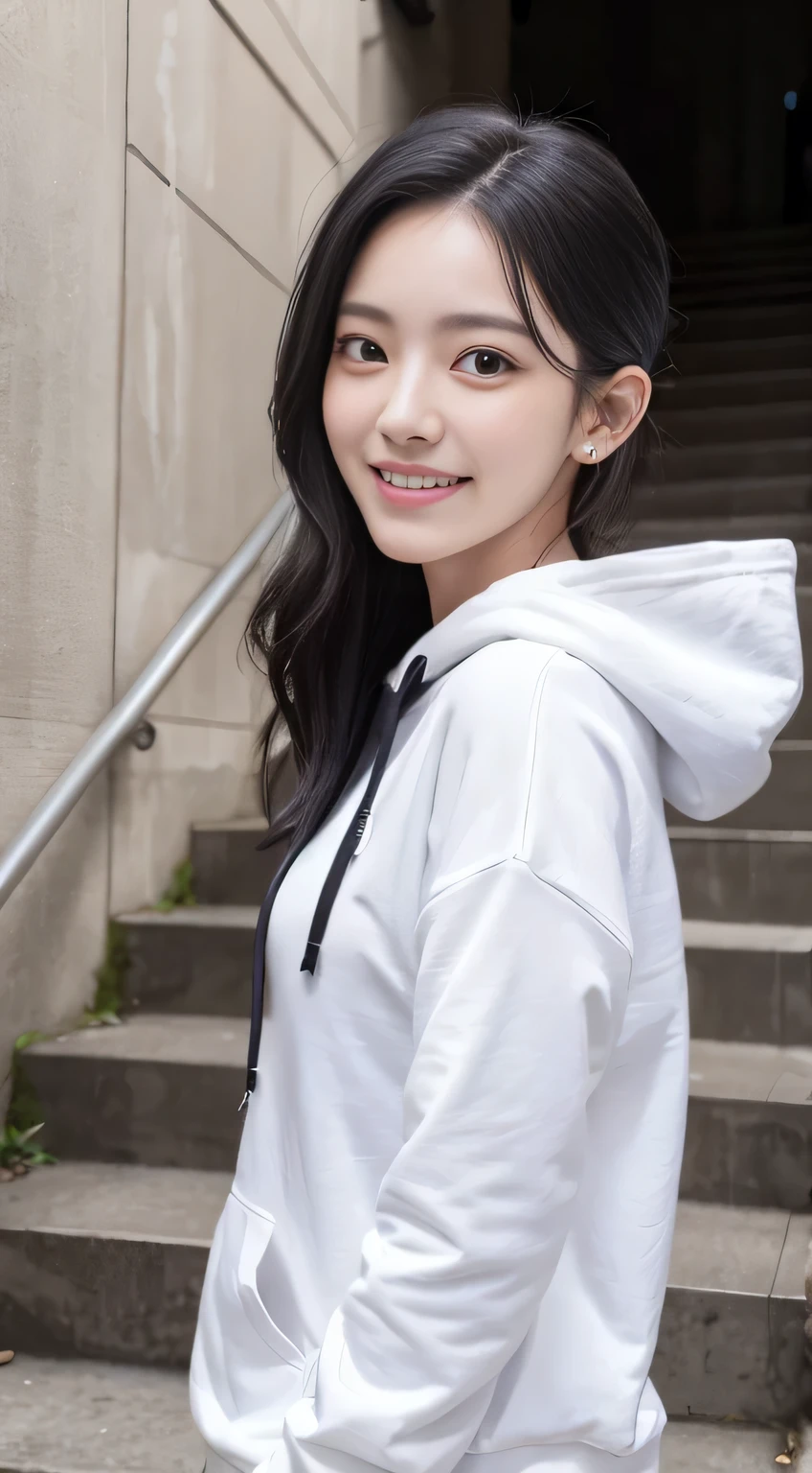 highest quality、8K、Clear Beauty、hoodie、
Gums are visible、smile、Upper Body、Black Hair、Stairs in the background、Ear piercing