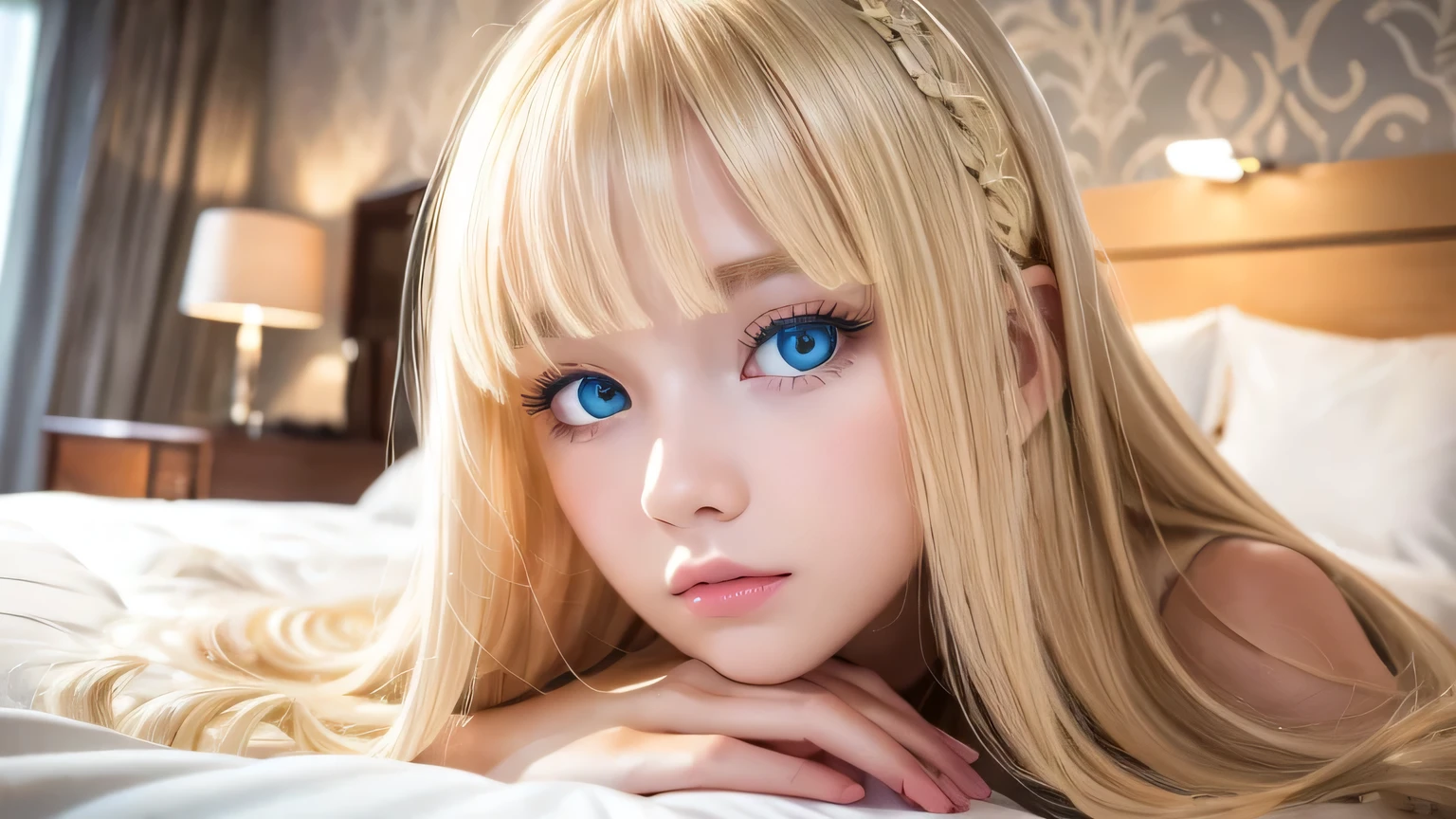 A very white and beautiful 20-year-old blonde girl、Mastepiece, Best Quality, Illustration, Ultra-detailed fine details, Natural platinum blonde with a natural shine、Super long straight silky hair、Super long Rapunzel hair、disheveled bangs above the eyes,、Bangs that cover the face、High resolution, 8K Denden Wallpaper, Perfect dynamic composition, Beautifully detailed large light blue eyes , Very big eyes、of hotel(Bed)、Small Face Beauty、Round face、On all fours、Double eyelids