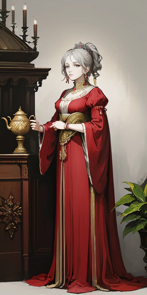 ((Masterpiece, plain background,1:2, masterpiece)) full body Noblewoman standing Gray Hair, Gray Eyes, ponytail, Royalty, Red Jewelry, Red Earrings, Lunar, Nobility, High Quality, Highly Detailed, Detailed Face, Masterpiece, Castle, Drinking Tea, Garden, Flowers, Lights